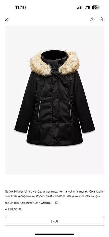 Zara Zara Rüzgar ve Su geçirmez mont