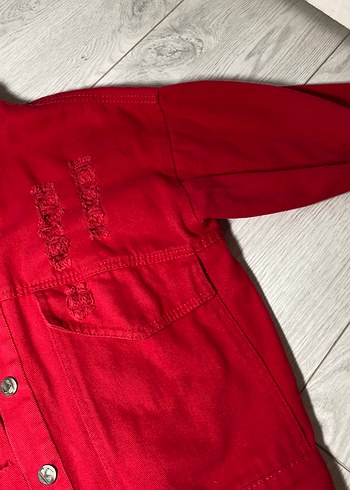 Kadın Kırmızı Mini Denim Ceket - Görsel 4
