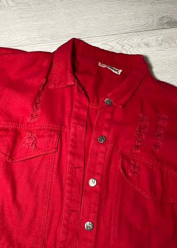 Kadın Kırmızı Mini Denim Ceket - Görsel 3