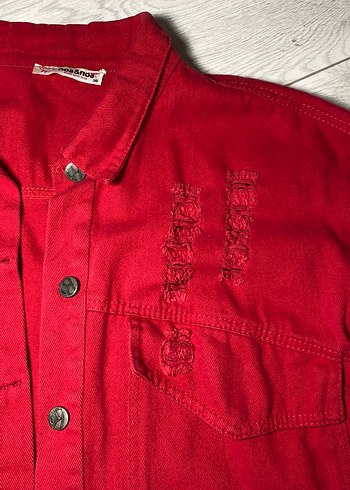 Kadın Kırmızı Mini Denim Ceket - Görsel 2