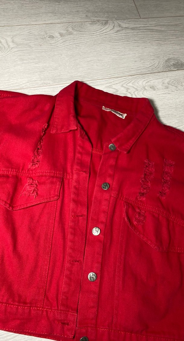 Kadın Kırmızı Mini Denim Ceket - Görsel 3