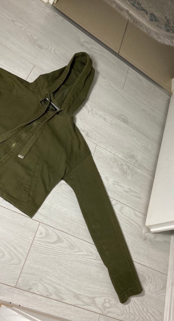 Kapüşonlu Haki Kadın Keten Ceket - Görsel 3