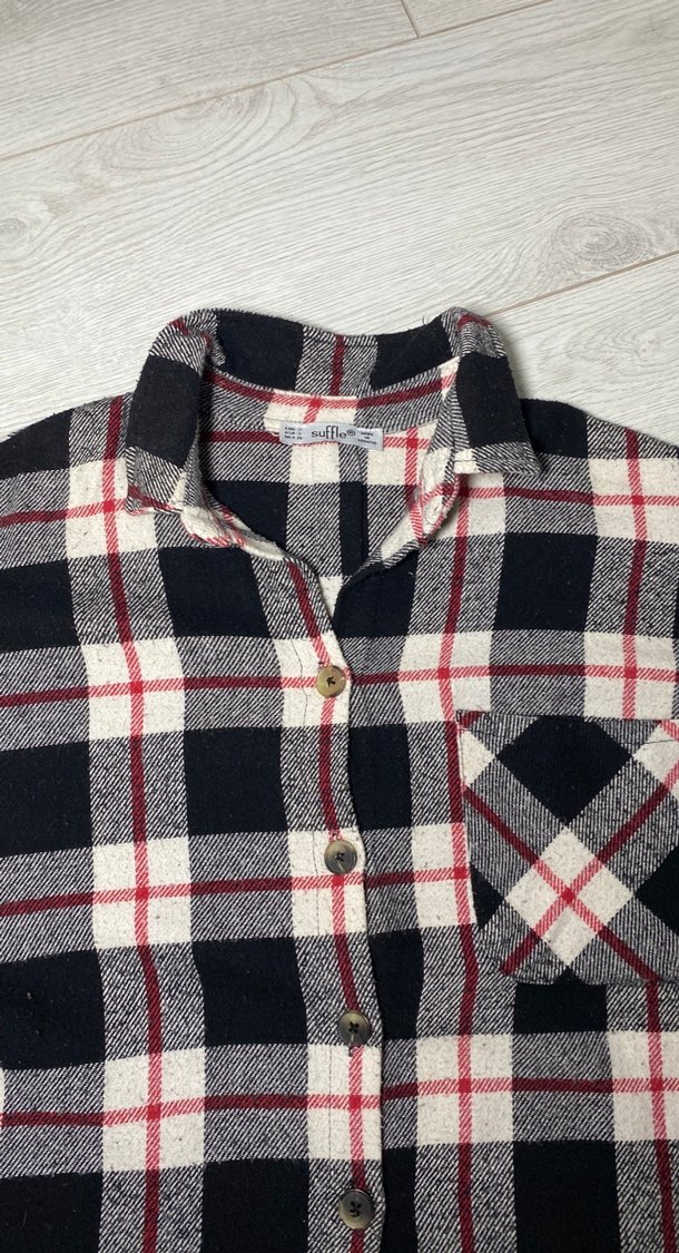 Kadın Gri Ekose Düğmeli Salaş Gömlek - Görsel 3