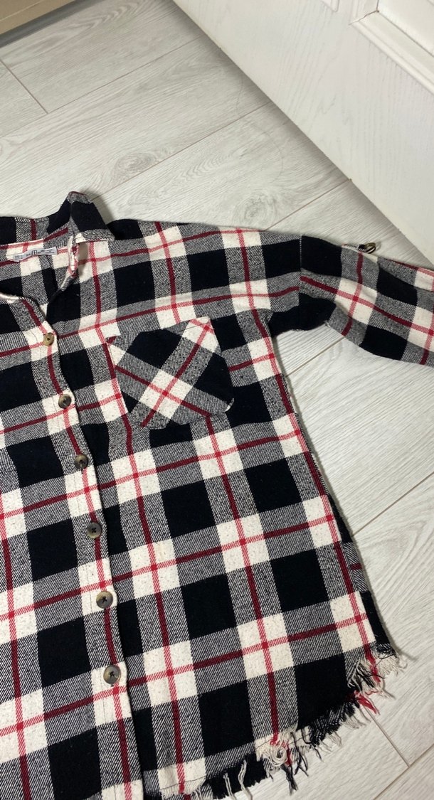 Kadın Gri Ekose Düğmeli Salaş Gömlek - Görsel 4