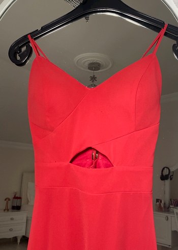 Nar çiçeği Parlak Uzun V Yaka Abiye Elbise - Görsel 3