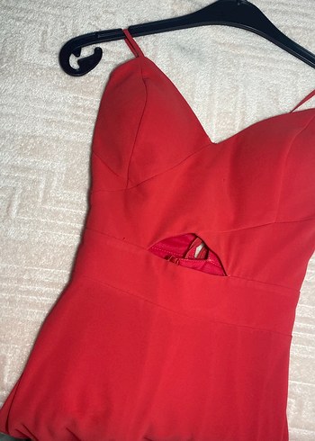 Nar çiçeği Parlak Uzun V Yaka Abiye Elbise - Görsel 7