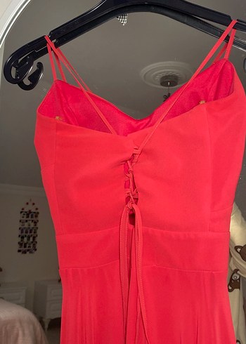 Nar çiçeği Parlak Uzun V Yaka Abiye Elbise - Görsel 5