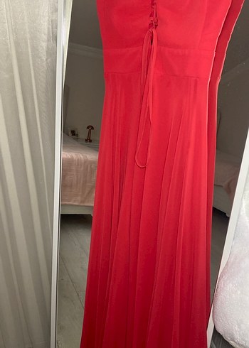 Nar çiçeği Parlak Uzun V Yaka Abiye Elbise - Görsel 6