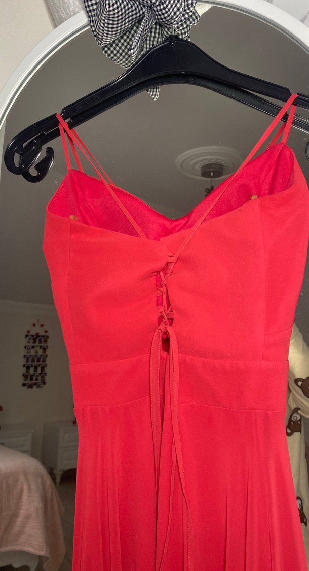 Nar çiçeği Parlak Uzun V Yaka Abiye Elbise - Görsel 5