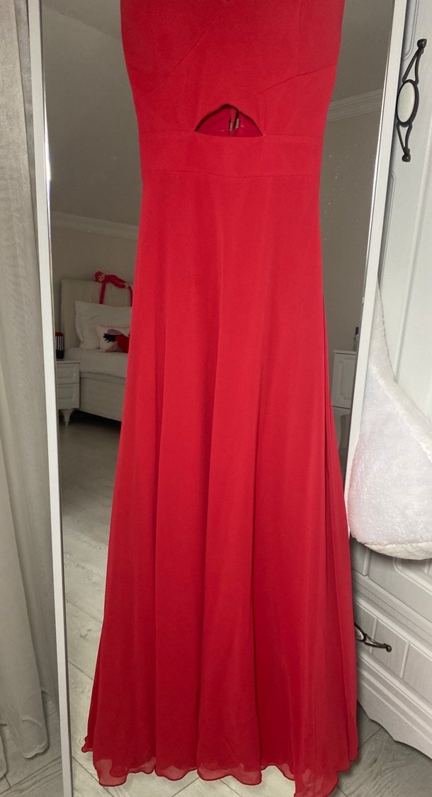 Nar çiçeği Parlak Uzun V Yaka Abiye Elbise - Görsel 2