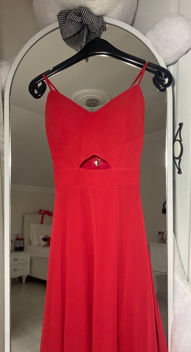 Nar çiçeği Parlak Uzun V Yaka Abiye Elbise - Görsel 4