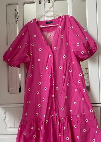 Düğmeli Bohem Pembe Midi Elbise - Görsel 4