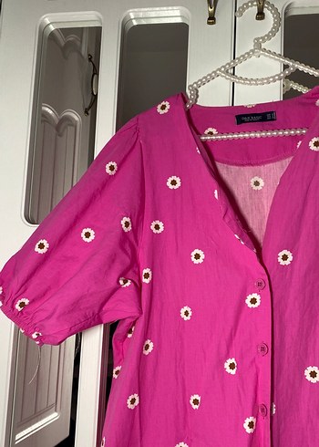 Düğmeli Bohem Pembe Midi Elbise - Görsel 2