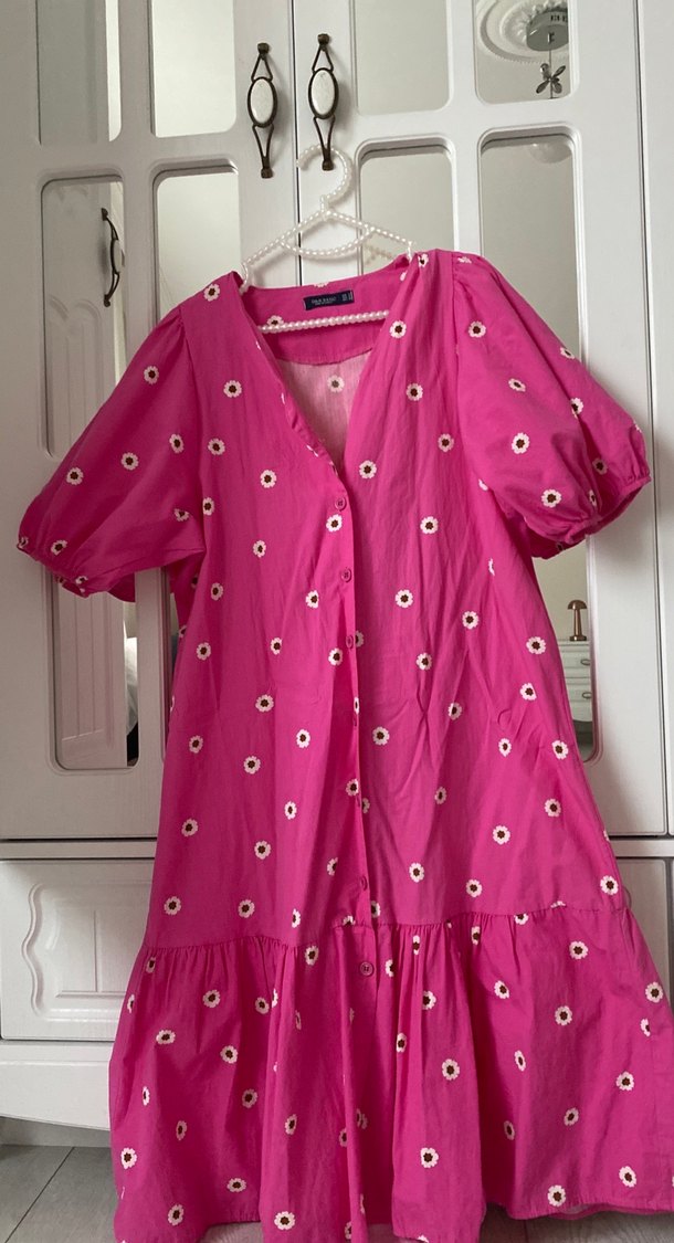 Düğmeli Bohem Pembe Midi Elbise - Görsel 4