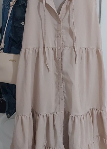 Bej Midi Keten Kadın Elbise - Görsel 5