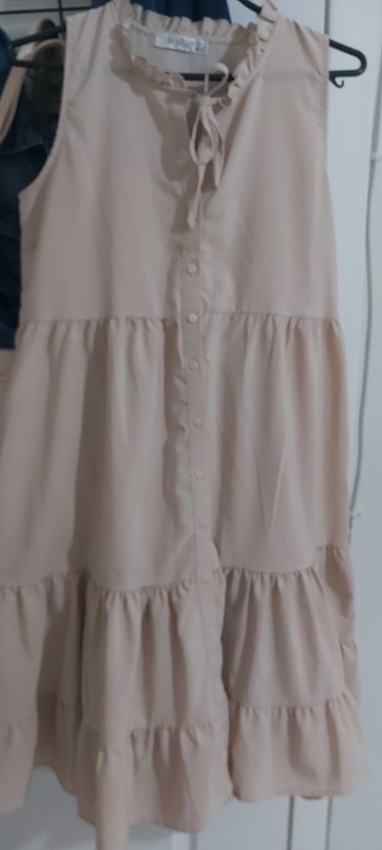 Bej Midi Keten Kadın Elbise - Görsel 2