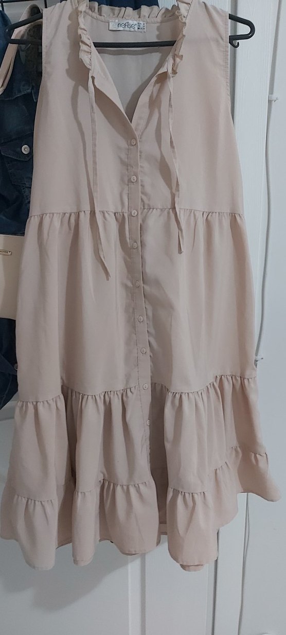 Bej Midi Keten Kadın Elbise - Görsel 4