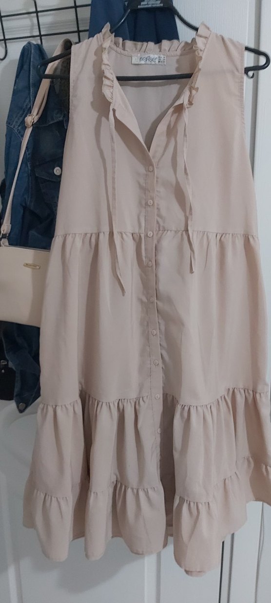 Bej Midi Keten Kadın Elbise - Görsel 5