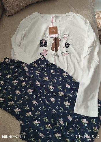 Penti Pembe Ayicik Detayli Cicekli Pijama Takimi