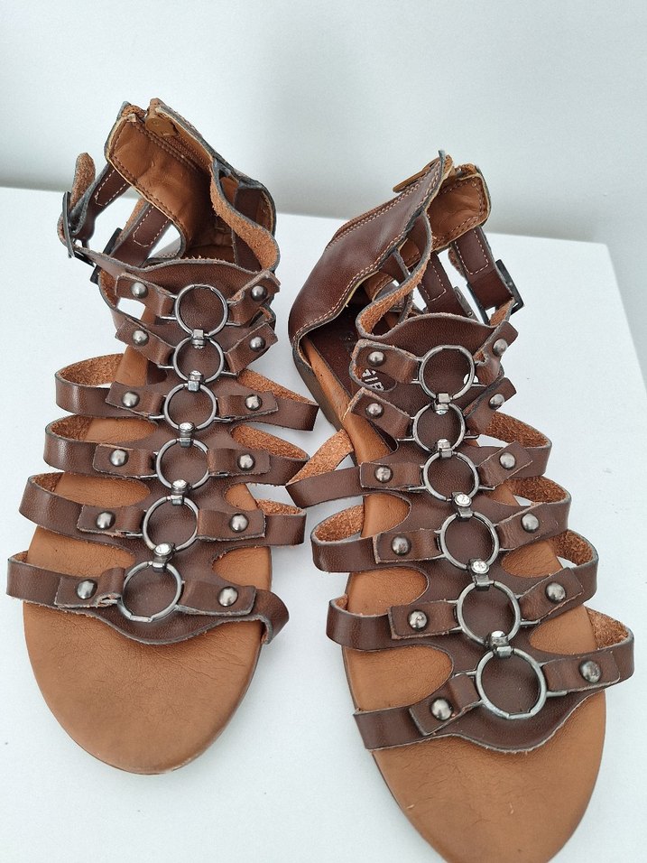 Kahverengi Deri  Kadın Sandalet - Görsel 2