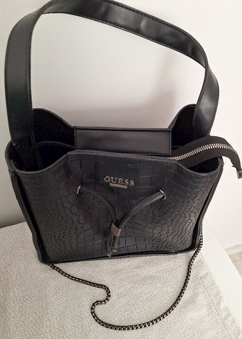 Siyah Deri Yılan Desenli Zincir Detaylı Çanta - Görsel 2