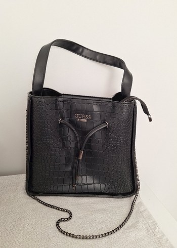 Siyah Deri Yılan Desenli Zincir Detaylı Çanta - Görsel 3