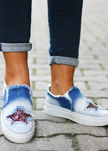 Payetli Yıldız Detaylı Denim Kadın Spor Ayakkabı - Görsel 3