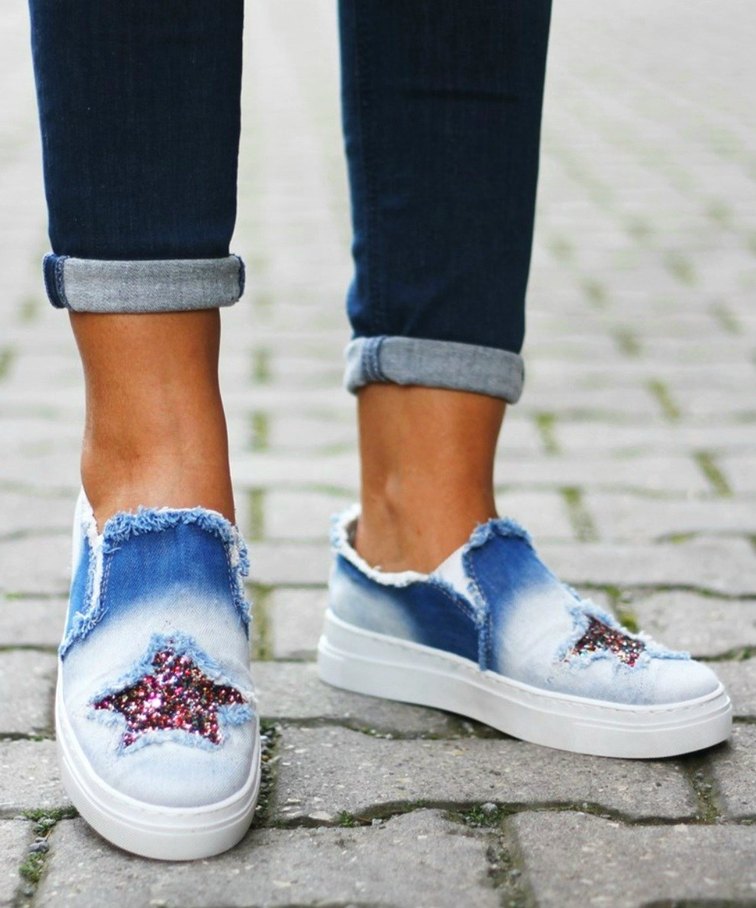 Payetli Yıldız Detaylı Denim Kadın Spor Ayakkabı - Görsel 3