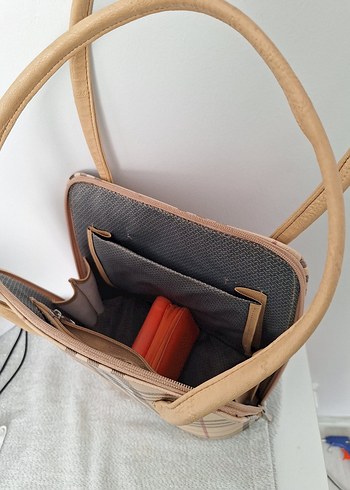 Bej Ekose Deri Fermuarlı Kadın Çantası - Görsel 4