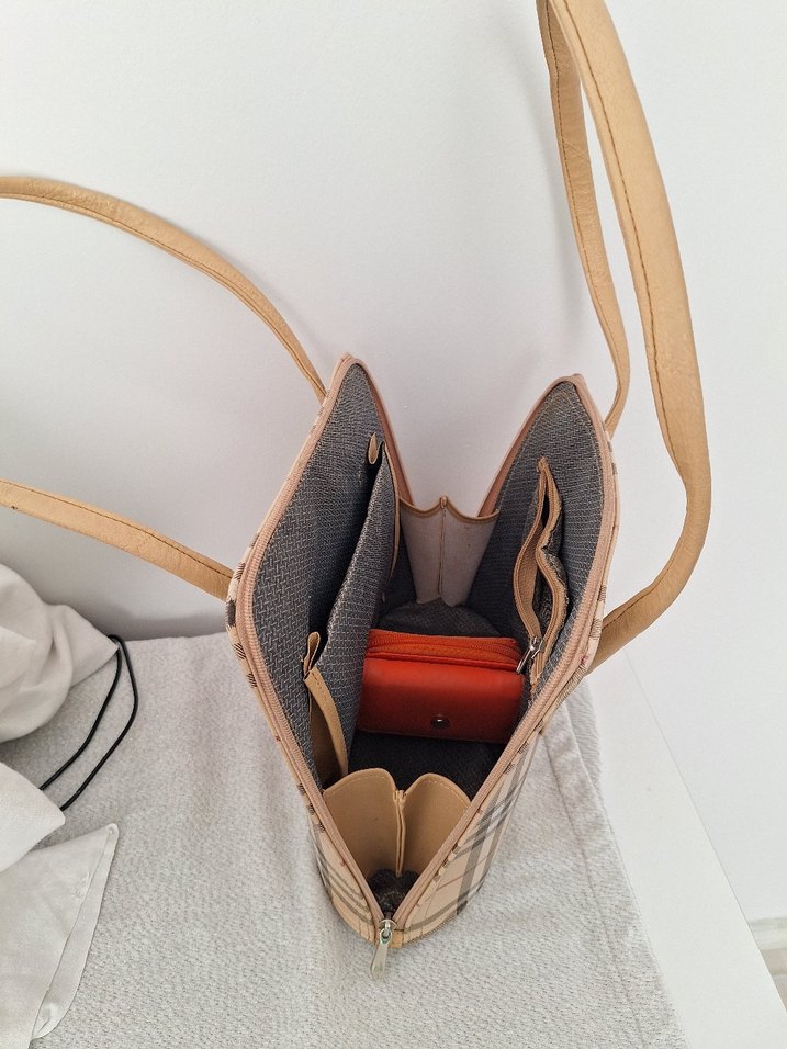 Bej Ekose Deri Fermuarlı Kadın Çantası - Görsel 5