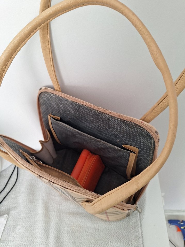 Bej Ekose Deri Fermuarlı Kadın Çantası - Görsel 4