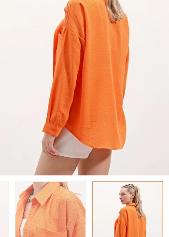 Turuncu Keten Rahat Kesim Kadın Gömlek - Görsel 3