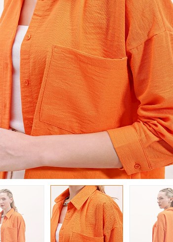 Turuncu Keten Rahat Kesim Kadın Gömlek - Görsel 2