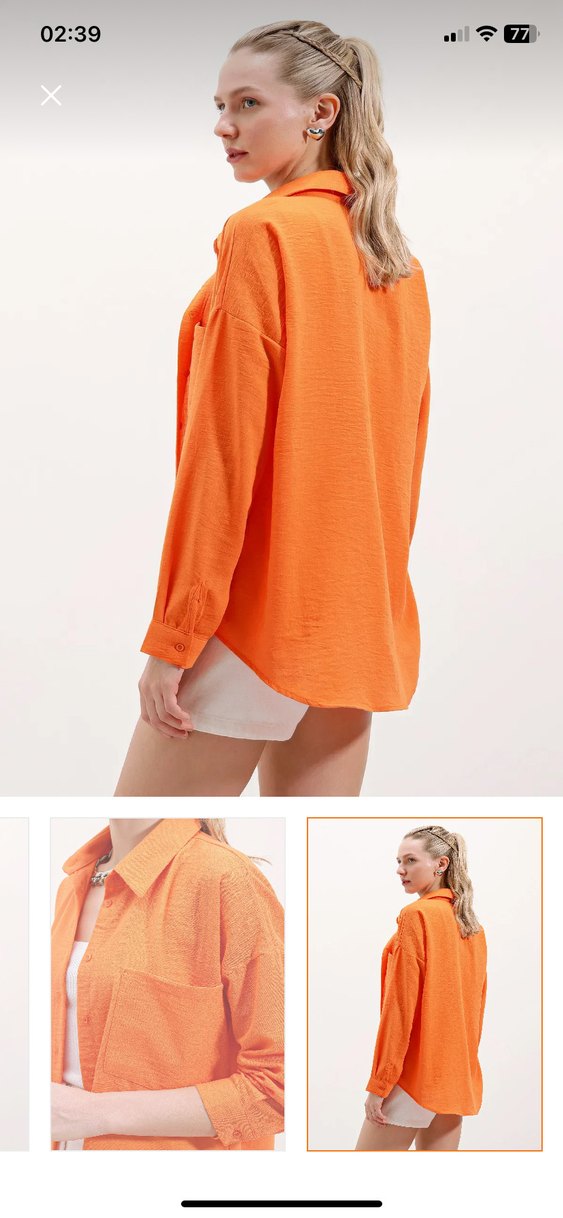 Turuncu Keten Rahat Kesim Kadın Gömlek - Görsel 3