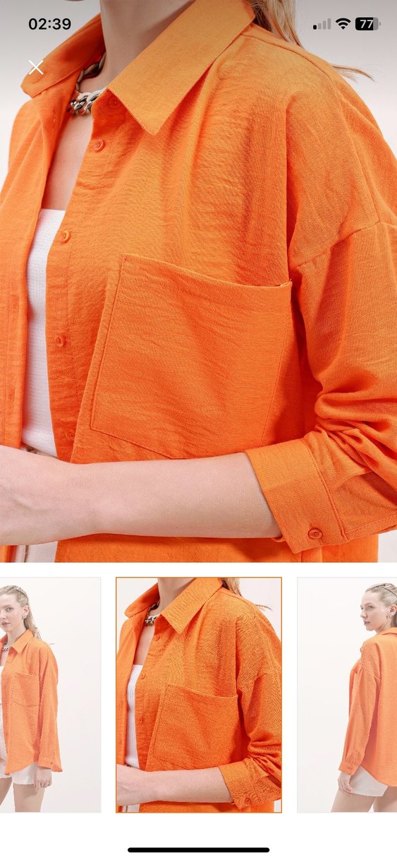 Turuncu Keten Rahat Kesim Kadın Gömlek - Görsel 2