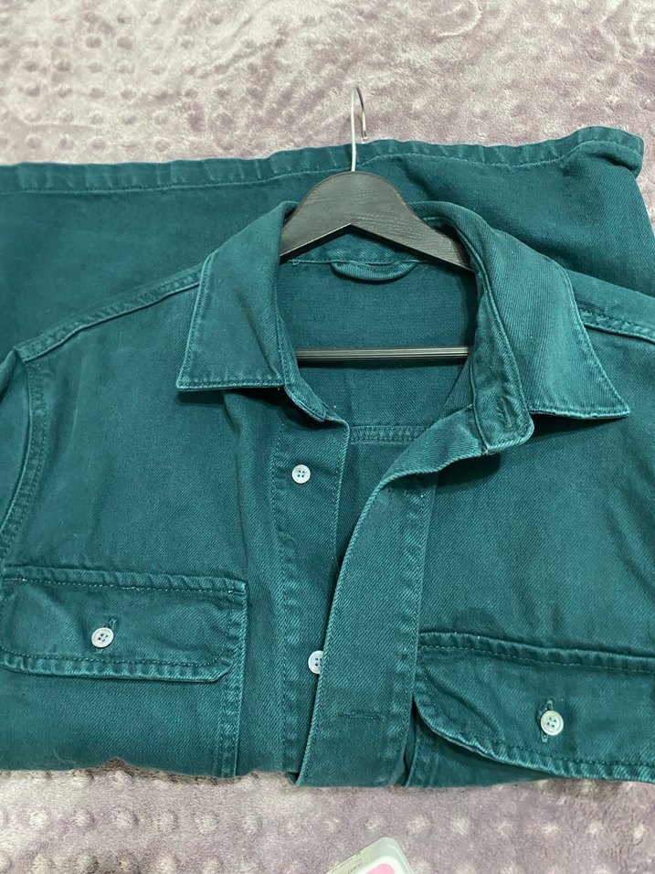 Düğmeli Yeşil Denim Erkek Gömlek - Görsel 2