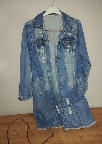 Uzun Kesim Düğmeli Mavi Denim Ceket