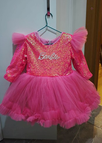 Pembe Barbie Nakışlı Uzun Kollu Kız Elbisesi özel dikim - Görsel 3