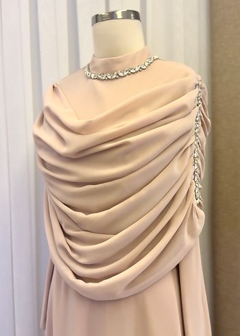 FEZÀ COLLECTION toz pembe Drapeli taşlı Abiye 38 40 42 44 46 bed