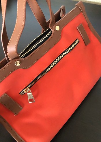 Kahverengi Detaylı Kırmızı Deri Kadın Çanta - Görsel 4