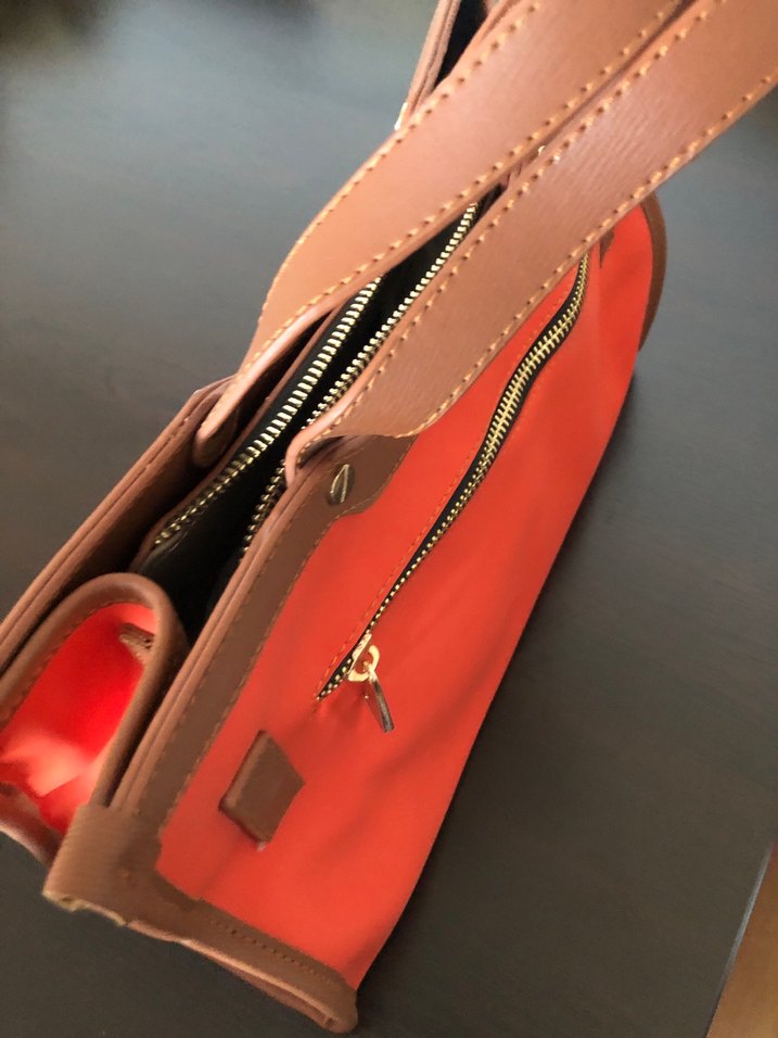 Kahverengi Detaylı Kırmızı Deri Kadın Çanta - Görsel 5