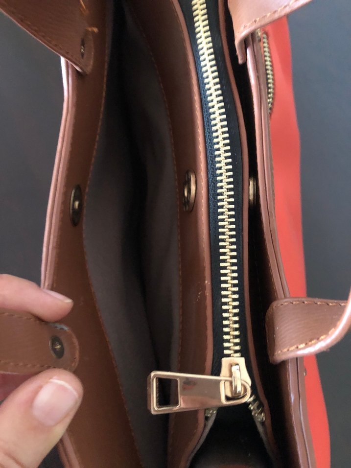 Kahverengi Detaylı Kırmızı Deri Kadın Çanta - Görsel 3