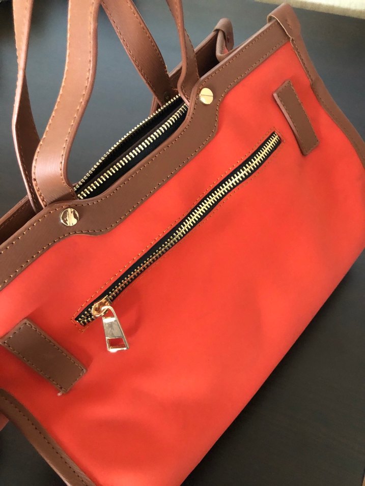 Kahverengi Detaylı Kırmızı Deri Kadın Çanta - Görsel 4