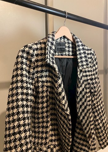 38 Beden beyaz Renk Düğmeli Siyah-Beyaz Kareli Kadın Blazer Kaşe