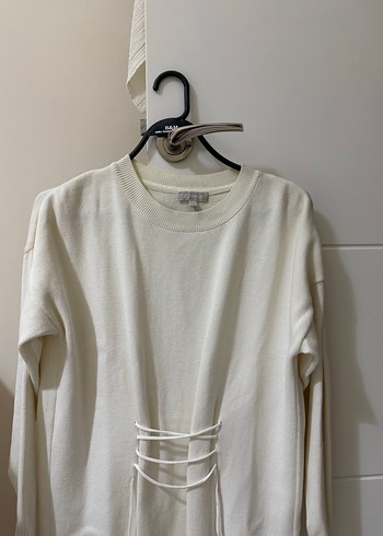 Beyaz Pamuklu Kemerli Midi Triko elbise twist - Görsel 2