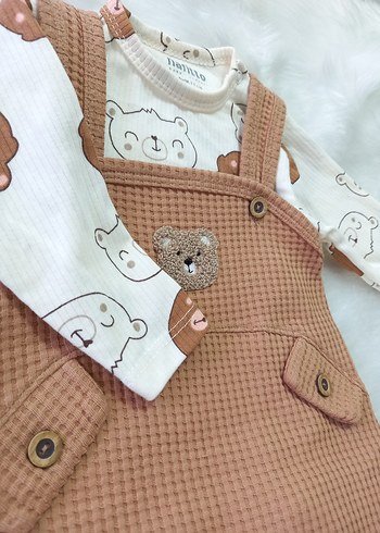 Uzun Kollu Kahverengi Waffle Kumaş Bebek Tulumu - Görsel 2