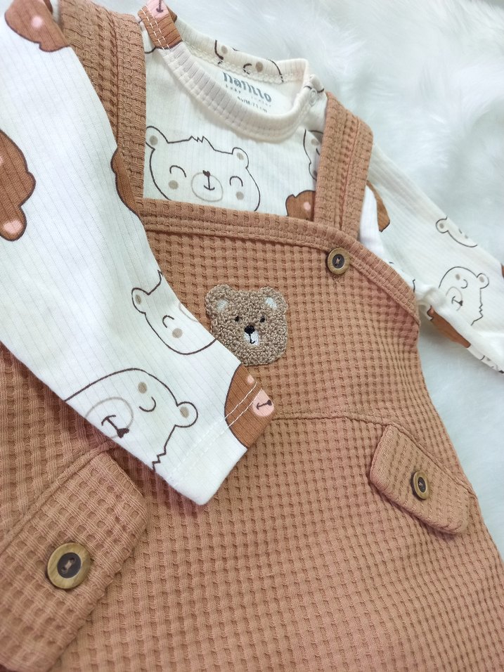 Uzun Kollu Kahverengi Waffle Kumaş Bebek Tulumu - Görsel 2