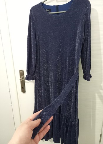 Kadın Lacivert Uzun Kollu Piliseli Simli Elbise - Görsel 3