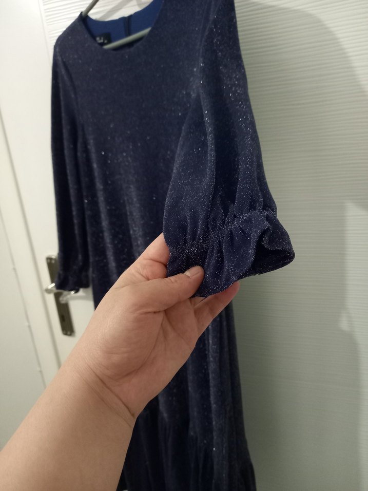 Kadın Lacivert Uzun Kollu Piliseli Simli Elbise - Görsel 2