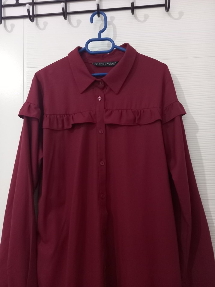 Bordo Uzun Kollu Fırfırlı Tunik - Görsel 4